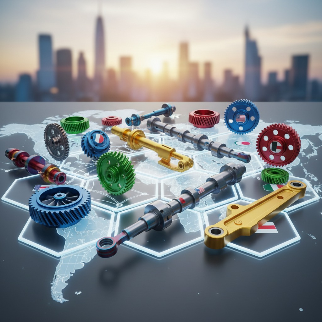 Various mechanical gears, shafts, and automotive parts are arranged on top of a glowing world map with a city skyline in the background.